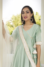 Cotton Solid Mint Green Angrakha Anarkali Suit Set - Ria Fashions