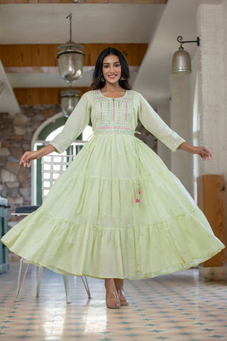 Cotton Mint Green Embroidery & Mirror Detailing Gown - Ria Fashions