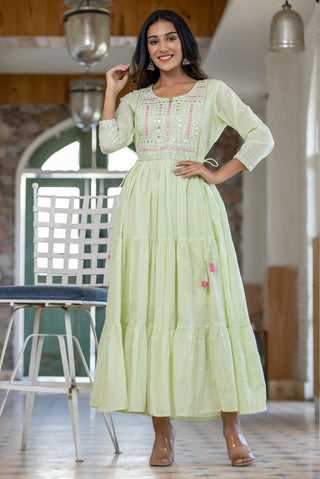 Cotton Mint Green Embroidery & Mirror Detailing Gown - Ria Fashions