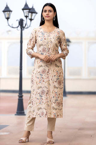Modal Silk Cream Floral Print Suit Set with Dupatta