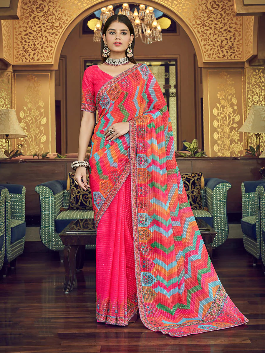 Multi Color Georgette Print and Embroidered Saree