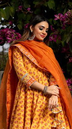 Brown Cotton Hand Block Anarkali Suit Set - Ria Fashions