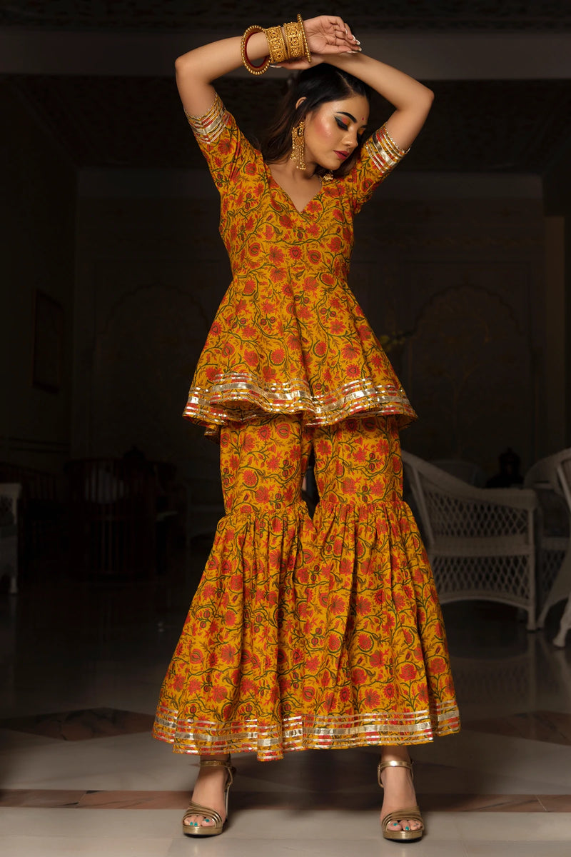 Cotton Yellow Hand Block Print Sharara Set - Ria Fashions