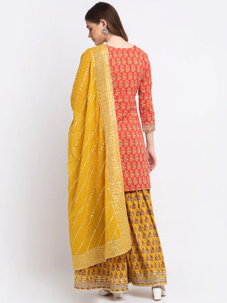 Cotton Red & Mustard Floral Print Sharara Suit Set with Dupatta