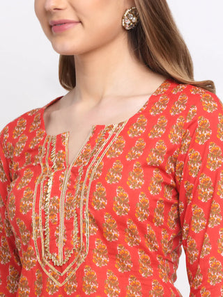 Cotton Red & Mustard Floral Print Sharara Suit Set with Dupatta