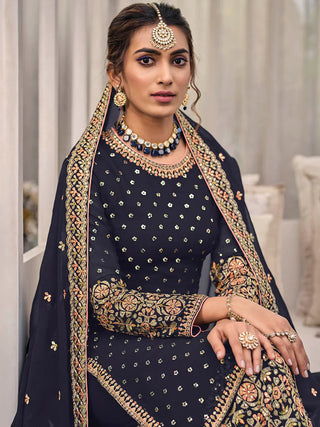 Navy Blue Georgette with Chinon Embroidered Suit Set with Dupatta