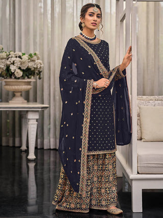 Navy Blue Georgette with Chinon Embroidered Suit Set with Dupatta