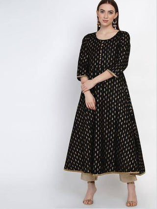 Black And Golden Cotton Printed Anarkali With Ajrakh Hand Block Print - Ria Fashions