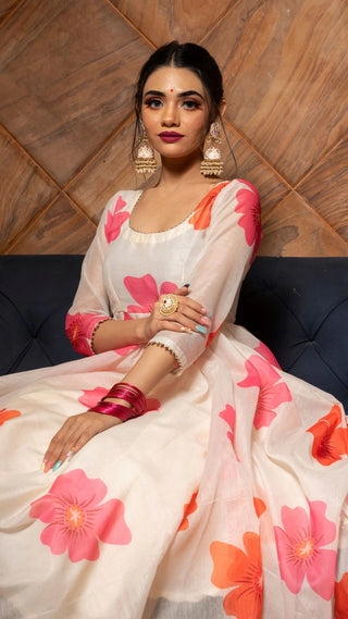 Chanderi Off White Floral Print Anarkali Suit Set - Ria Fashions