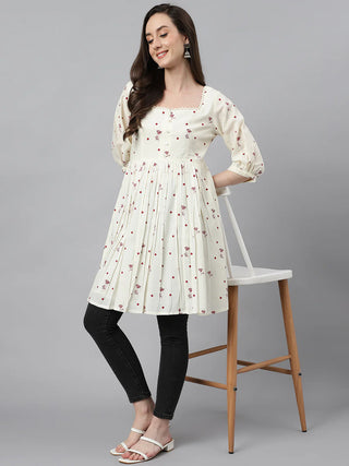 Off White Cotton Polka and Floral Printed Dress