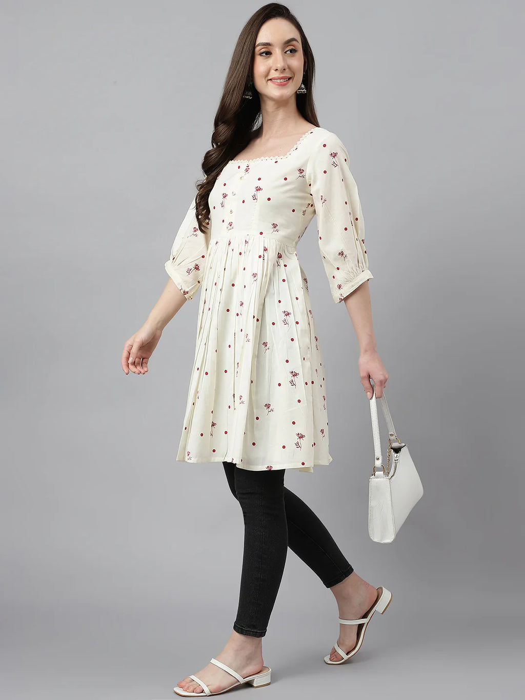 Off White Cotton Polka and Floral Printed Dress