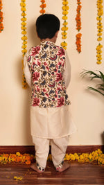 Cotton Solid Off White Kurta Dhoti Set with Cotton Slub Printed Nehru Jacket