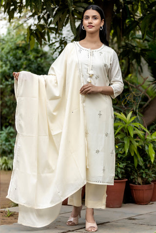 Cotton Off White Mirror Embellished Suit Set with Dupatta