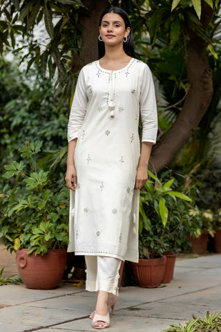 Cotton Off White Mirror Embellished Suit Set with Dupatta