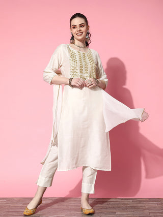Cotton Blend Off White Floral Yoke Design Suit Set with Dupatta