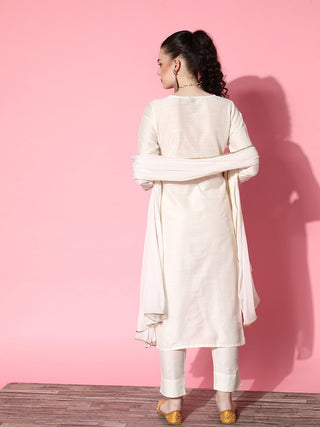 Cotton Blend Off White Floral Yoke Design Suit Set with Dupatta