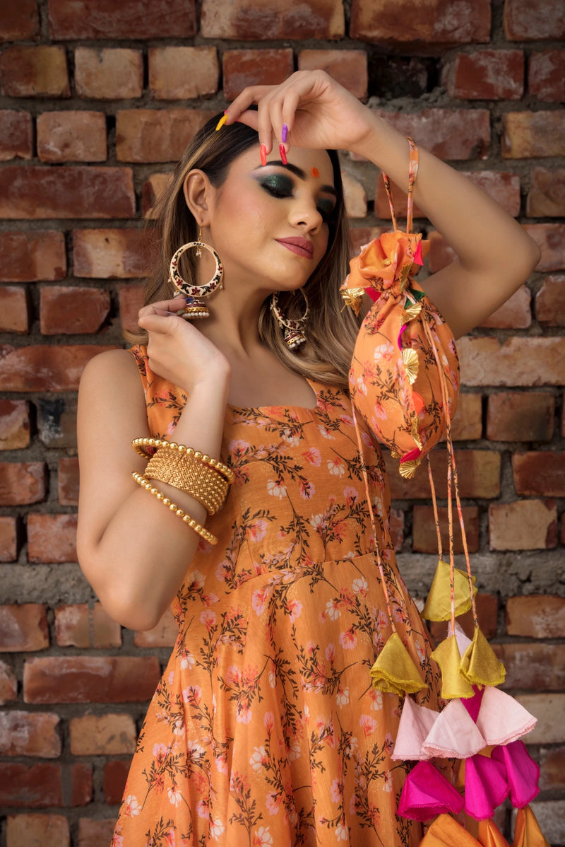 Cotton Modal Orange Printed Anarkali Suit Set - Ria Fashions