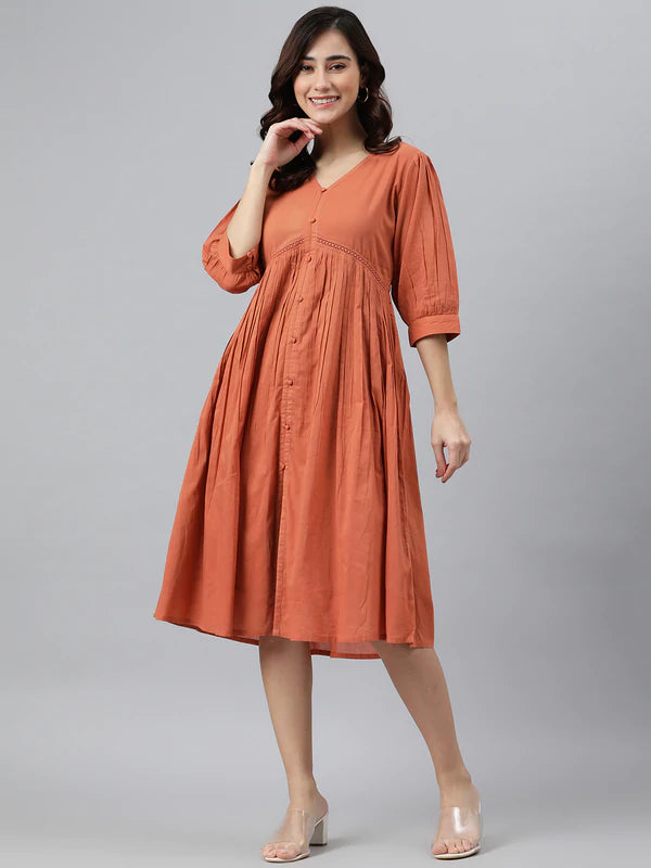 Solid Orange Cotton Puff Sleeve Dress - Ria Fashions