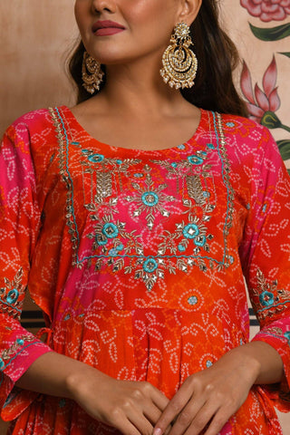 Cotton Orange Bandhani Print Gown - Ria Fashions
