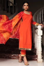 Cotton Orange Suit Set with Bandhani Print Duptta - Ria Fashions