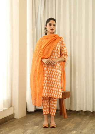 Cotton Orange Printed Suit Set with Cotton Doriya Dupatta