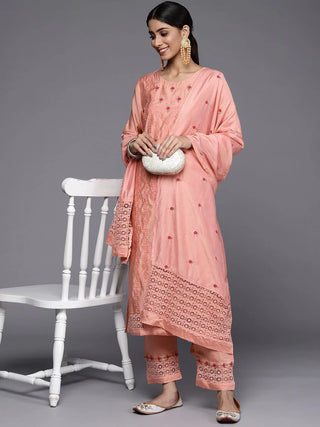 Peach Silk Blend Ethnic Motif Embroidered Suit Set with Dupatta