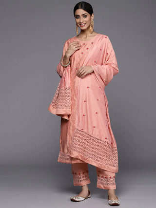 Peach Silk Blend Ethnic Motif Embroidered Suit Set with Dupatta