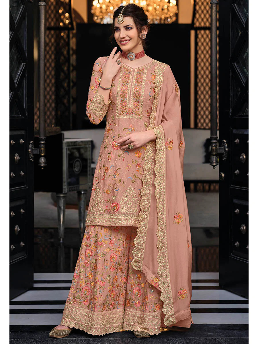 Peach Georgette with Chinon Embroidered Suit Set with Dupatta