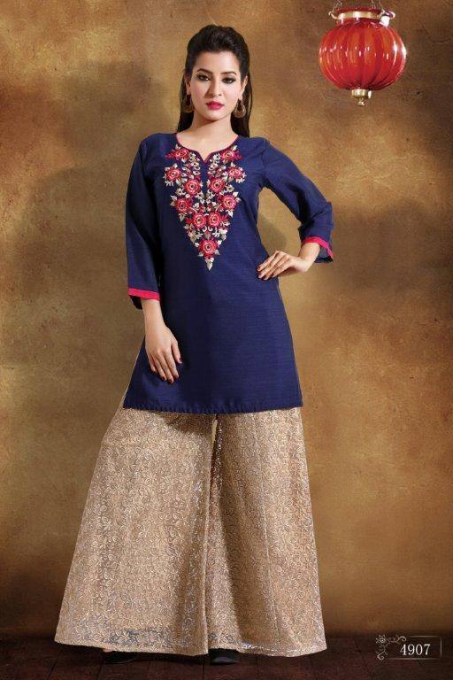 Ready Made Party Wear Navy Blue Georgette Embroidered Kurti - Ria Fashions