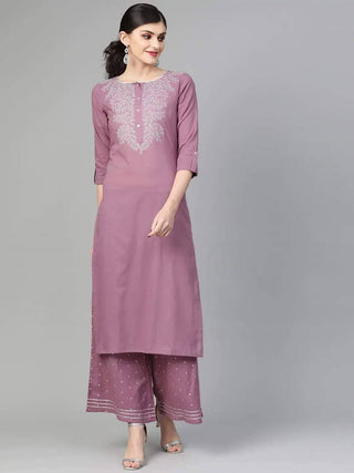 Ready Made Mauve & Silver Yoke Design Kurta with Palazzo - Ria Fashions