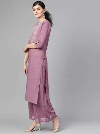 Ready Made Mauve & Silver Yoke Design Kurta with Palazzo - Ria Fashions