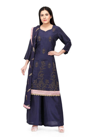 Ready Made Navy Blue Silk Hand Embroidered Suit - Ria Fashions