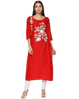 Red Floral Embroidered Straight Kurta - Ria Fashions