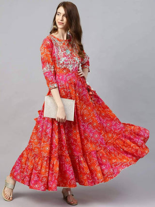 Red & Orange Bandhani Print Anarkali Kurta - Ria Fashions