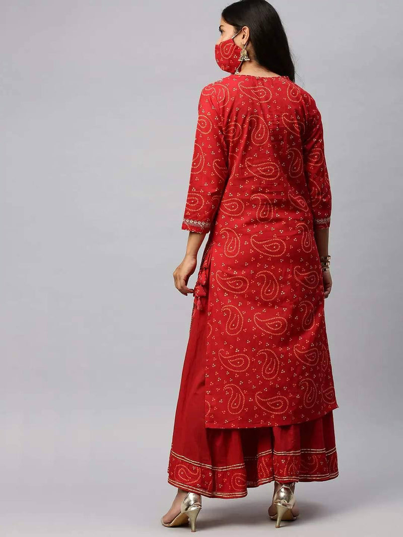 Red Bandhani Printed Kurta with Palazzo & Matching Mask Online - RiaFashions - Ria Fashions