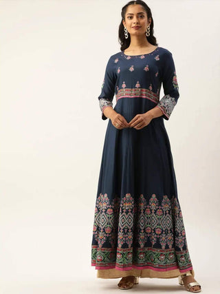 Navy Blue & Pink Printed Anarkali Kurta - Ria Fashions