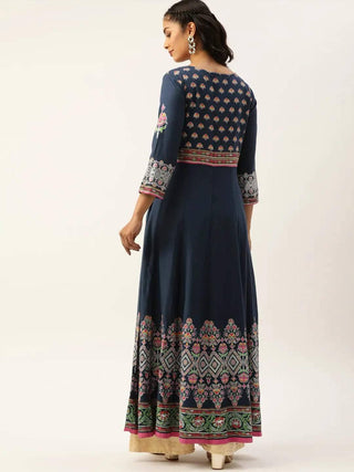 Navy Blue & Pink Printed Anarkali Kurta - Ria Fashions