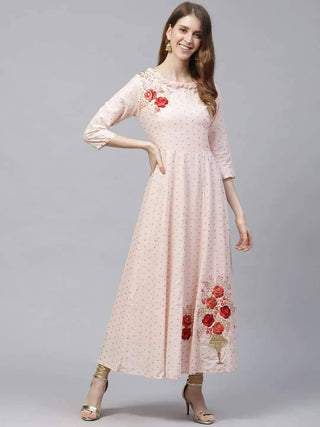 Peach-Coloured Printed Anarkali Cotton Kurta - Ria Fashions
