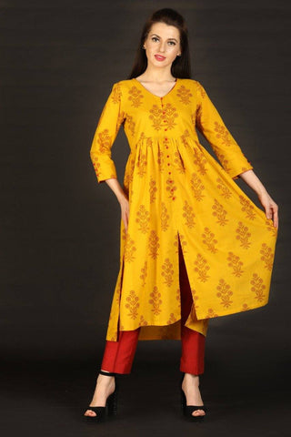 Yellow Block Printed Kurta - Ria Fashions