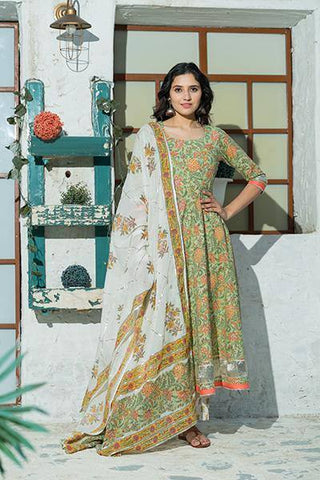 Kiwi Green Hand Block Print Cotton Suit Set with Dupatta