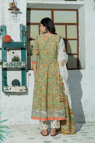 Kiwi Green Hand Block Print Cotton Suit Set with Dupatta