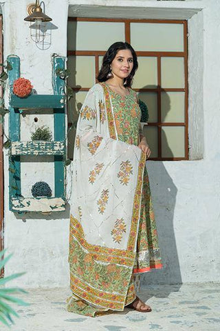 Kiwi Green Hand Block Print Cotton Suit Set with Dupatta