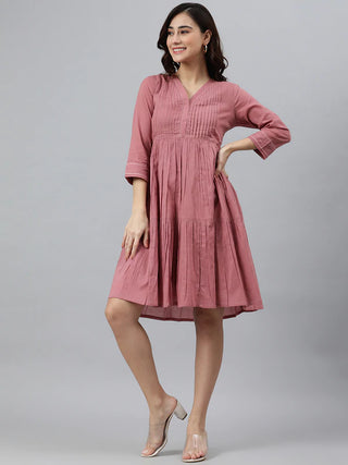 Solid Pink Cotton Dress - Ria Fashions