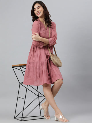 Solid Pink Cotton Dress - Ria Fashions