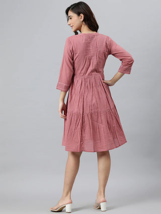 Solid Pink Cotton Dress - Ria Fashions