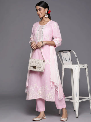 Light Pink Cotton Embroidered Kurta Palazzo Set with Silk Chiffon Dupatta