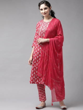 Pink Rayon Printed & Sequin Detailing Suit Set with Poly Chiffon Dupatta
