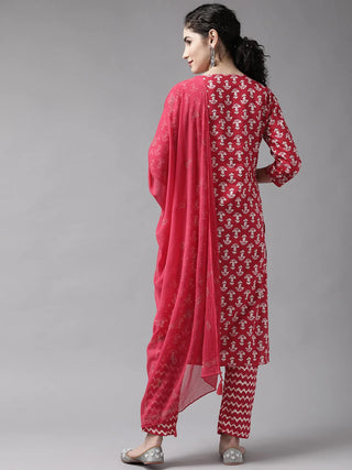 Pink Rayon Printed & Sequin Detailing Suit Set with Poly Chiffon Dupatta