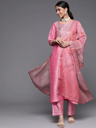 Pink Silk Blend Printed Motif Yoke Design & Mirror Work Suit Set with Organza Dupatta - Ria Fashions