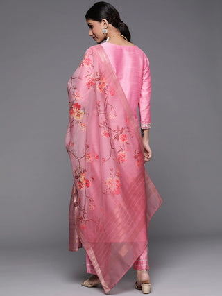 Pink Silk Blend Printed Motif Yoke Design & Mirror Work Suit Set with Organza Dupatta - Ria Fashions